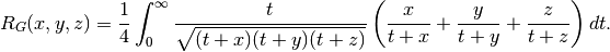 R_G(x,y,z) = \frac{1}{4} \int_0^{\infty}
    \frac{t}{\sqrt{(t+x)(t+y)(t+z)}}
    \left( \frac{x}{t+x} + \frac{y}{t+y} + \frac{z}{t+z}\right) dt.