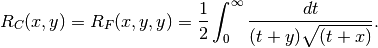 R_C(x,y) = R_F(x,y,y) =
    \frac{1}{2} \int_0^{\infty} \frac{dt}{(t+y) \sqrt{(t+x)}}.