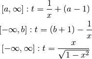 [a, \infty] : t = \frac{1}{x} + (a-1)

[-\infty, b] : t = (b+1) - \frac{1}{x}

[-\infty, \infty] : t = \frac{x}{\sqrt{1-x^2}}