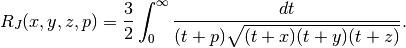 R_J(x,y,z,p) = \frac{3}{2}
    \int_0^{\infty} \frac{dt}{(t+p)\sqrt{(t+x)(t+y)(t+z)}}.