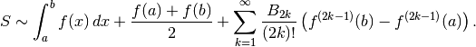 S \sim \int_a^b f(x) \,dx + \frac{f(a)+f(b)}{2} +
\sum_{k=1}^{\infty} \frac{B_{2k}}{(2k)!}
\left(f^{(2k-1)}(b)-f^{(2k-1)}(a)\right).